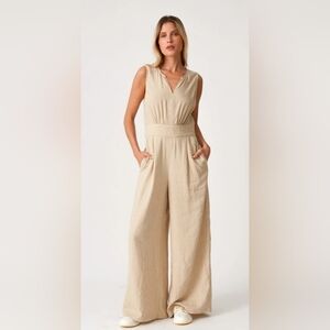 lovestitch Sleeveless V-Neck Wide-Leg Jumpsuit in Light Beige
